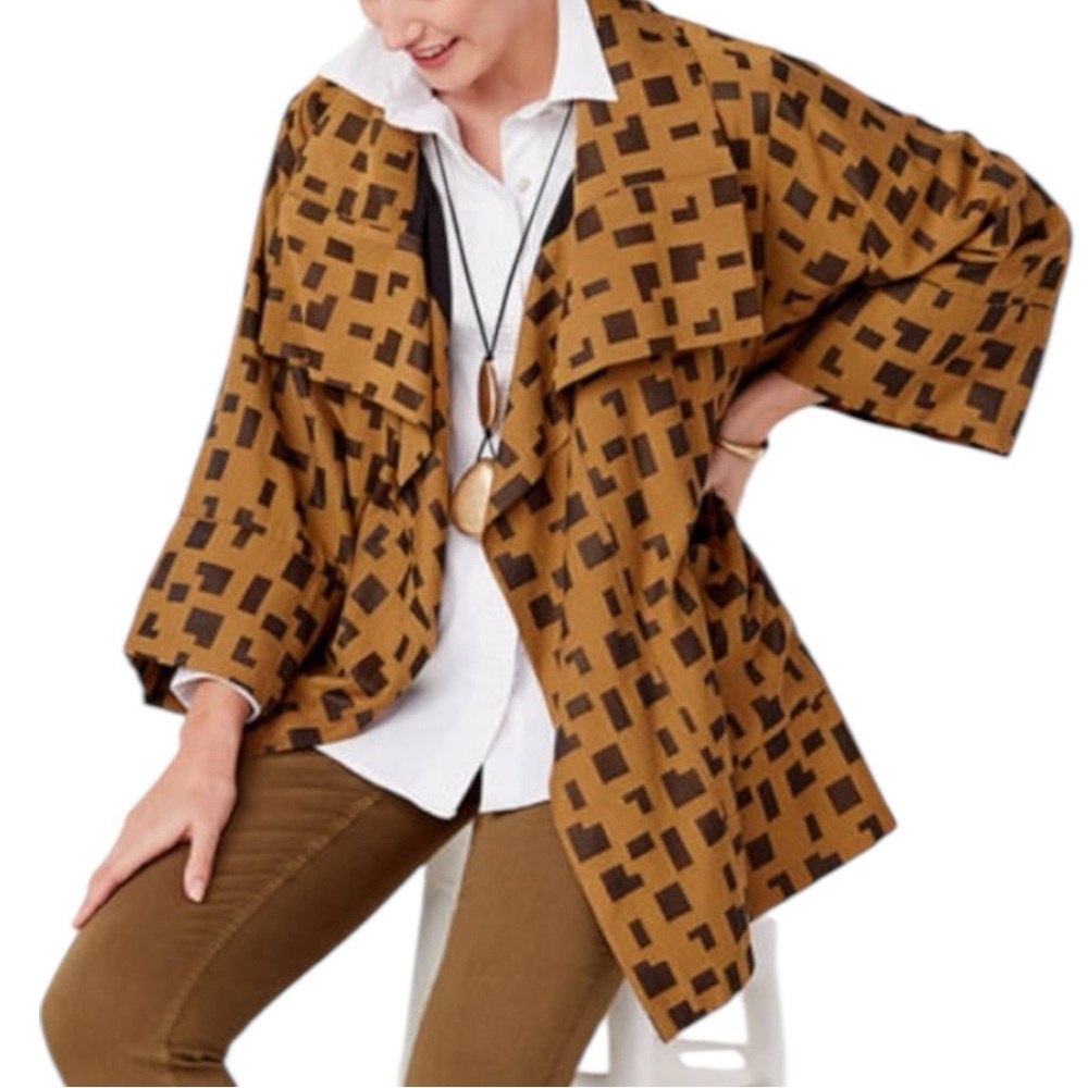 MarlaWynne Brown Black Geometric Print Open Jacket size 2X NWT Bracelet Sleeves - Picture 2 of 13